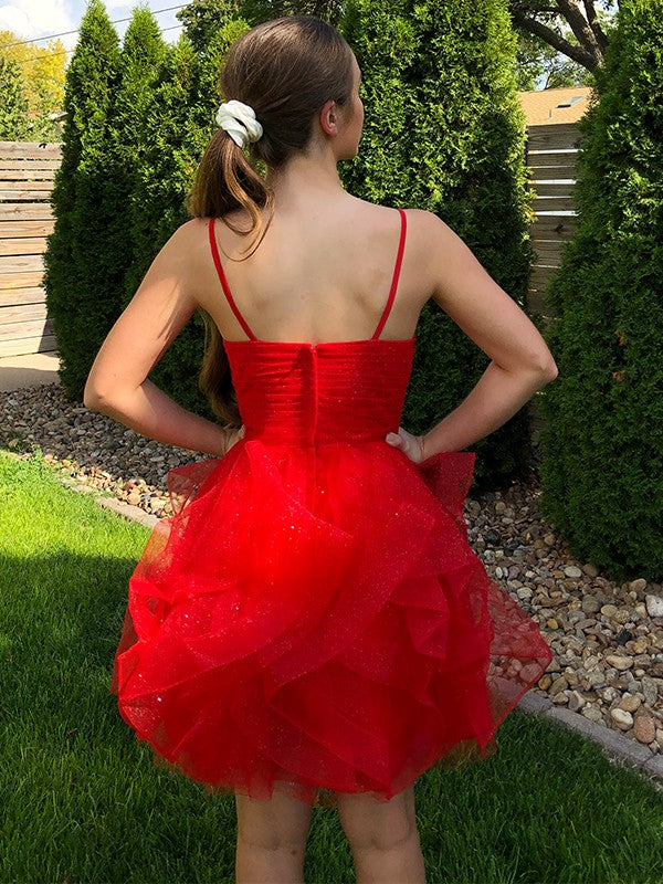 A-Line Spaghetti Strap Tulle Sleeveless Ruffled Mini Homecoming Dress - Chloe Dress