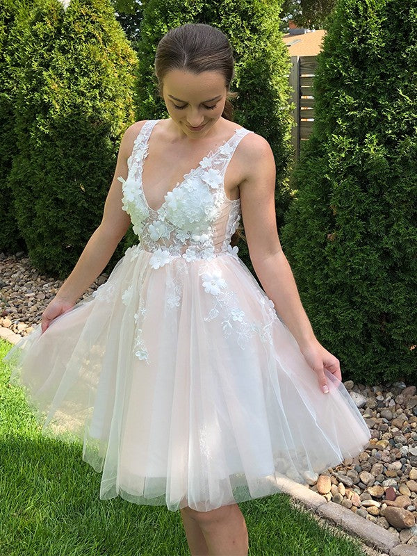 A-Line V-Neck Tulle Sleeveless Applique Mini Homecoming Dress - Chloe Dress