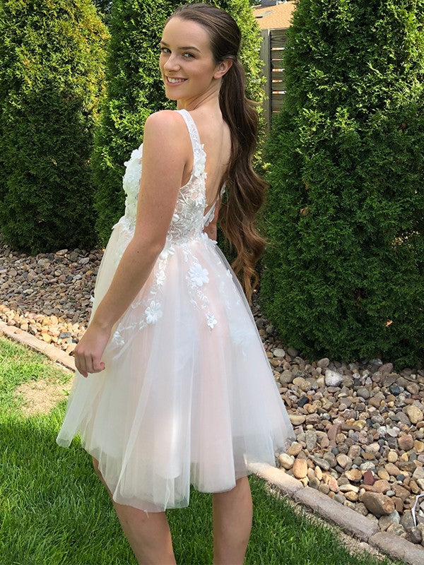 A-Line V-Neck Tulle Sleeveless Applique Mini Homecoming Dress - Chloe Dress