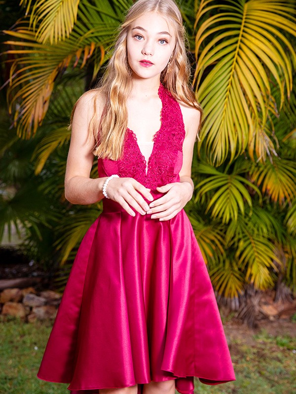 A-Line V-Neck Satin Sleeveless Mini Homecoming Dress - Chloe Dress