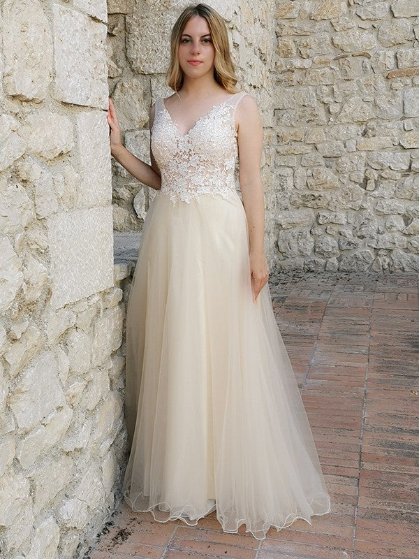 A-Line V-Neck Tulle Sleeveless Applique Floor-Length Dress - Chloe Dress