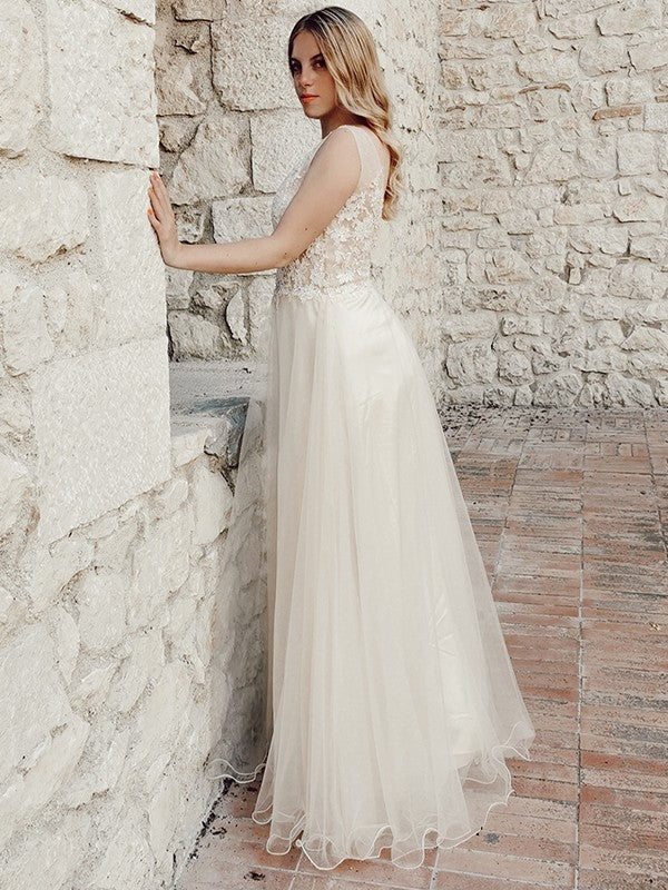 A-Line V-Neck Tulle Sleeveless Applique Floor-Length Dress - Chloe Dress