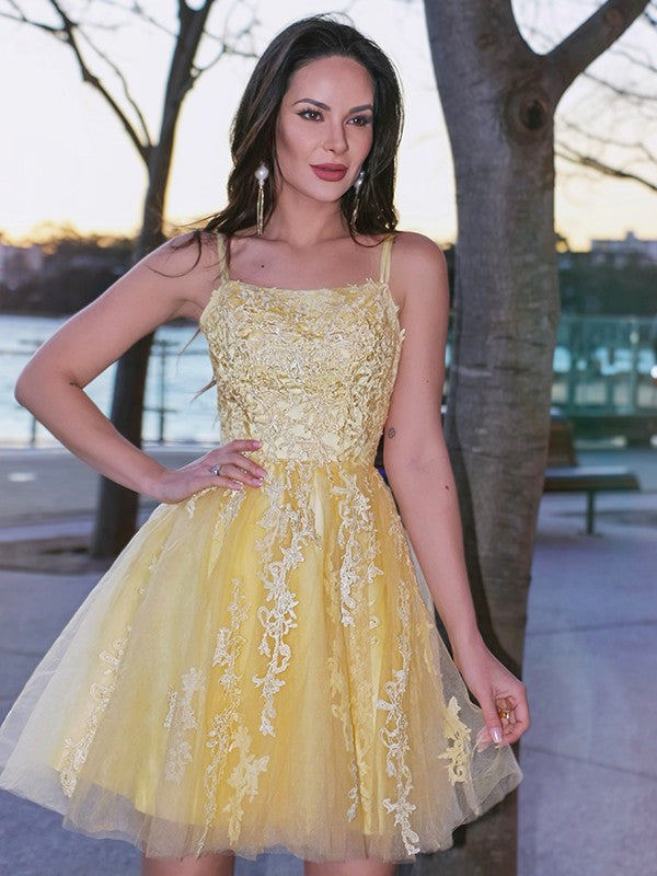 A-Line Spaghetti Strap Tulle Sleeveless Applique Mini Homecoming Dress - Chloe Dress