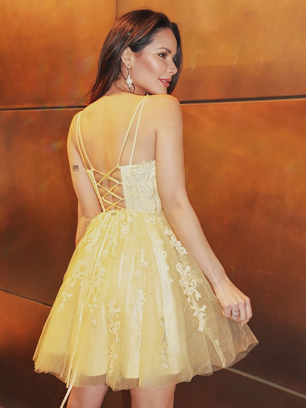 A-Line Spaghetti Strap Tulle Sleeveless Applique Mini Homecoming Dress - Chloe Dress