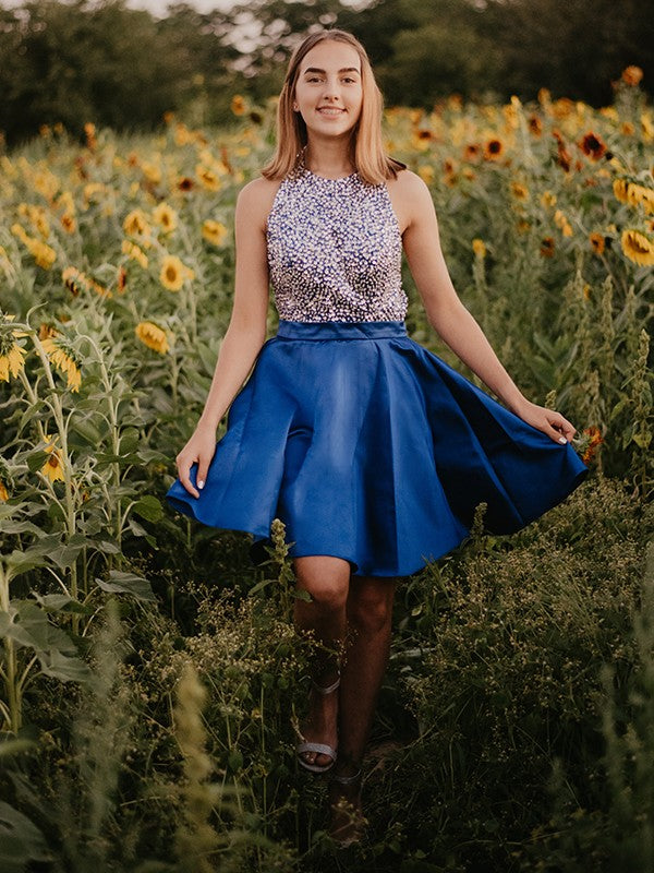 A-Line Halter Satin Sleeveless Mini Homecoming Dress - Chloe Dress