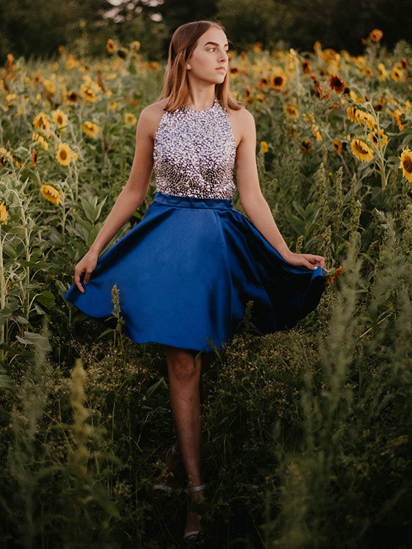 A-Line Halter Satin Sleeveless Mini Homecoming Dress - Chloe Dress