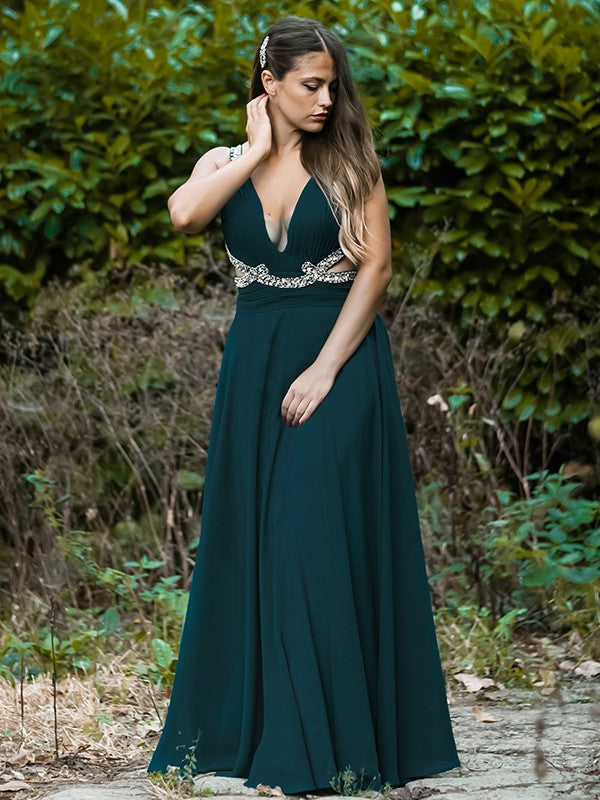 A-Line V-Neck Chiffon Sleeveless Floor-Length Dress - Chloe Dress