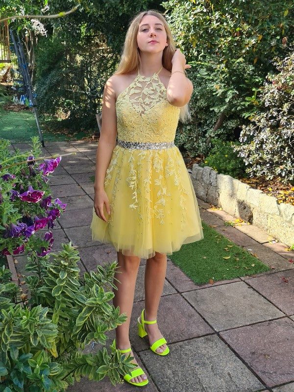 A-Line Halter Tulle Sleeveless Applique Mini Homecoming Dress - Chloe Dress