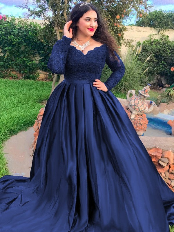 Ball Gown Satin Long Sleeve Train Gown - Chloe Dress