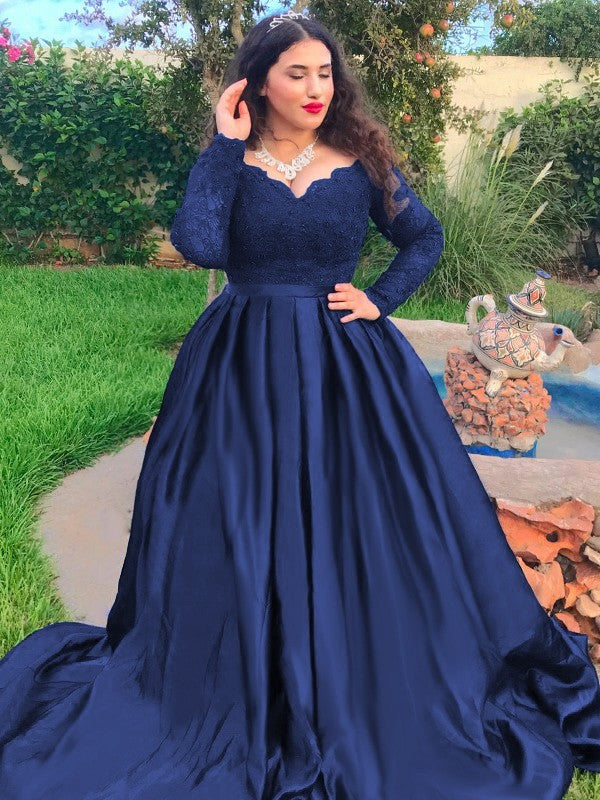 Ball Gown Satin Long Sleeve Train Gown - Chloe Dress