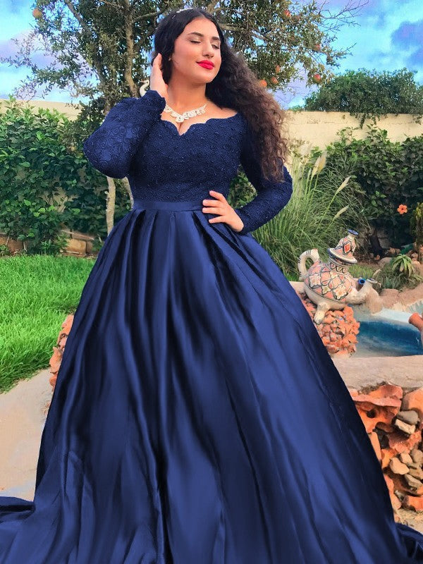 Ball Gown Satin Long Sleeve Train Gown - Chloe Dress