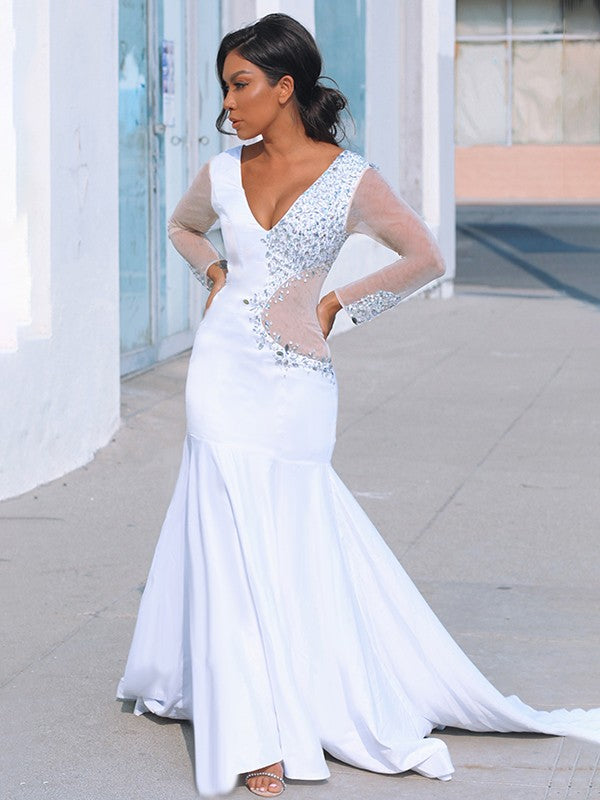 Mermaid V-Neck Satin Long Sleeve Train Dress - Chloe Dress