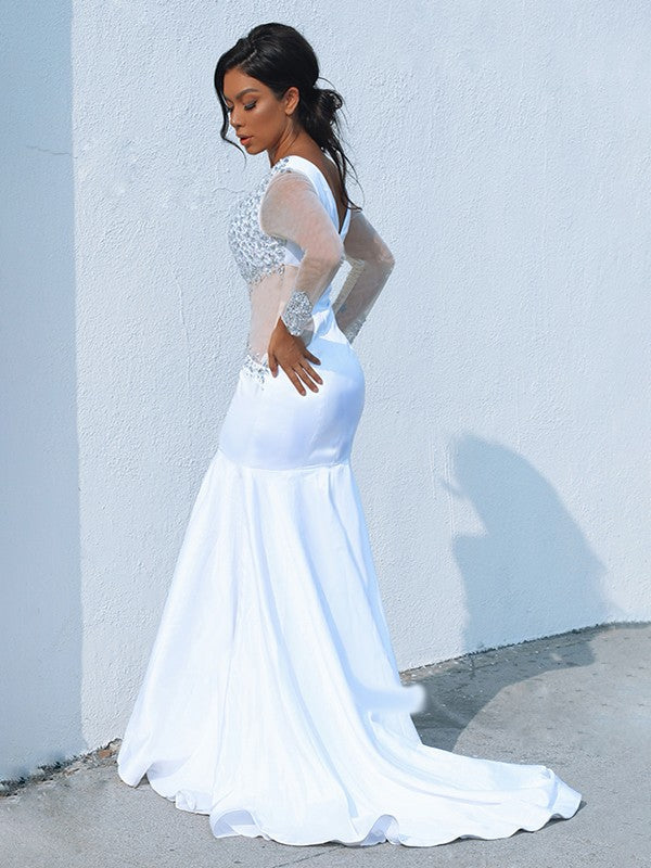 Mermaid V-Neck Satin Long Sleeve Train Dress - Chloe Dress