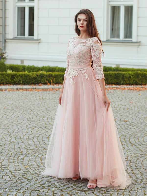 A-Line Tulle Three-Quarter Sleeve Train Tea-Length Dress - Chloe Dress