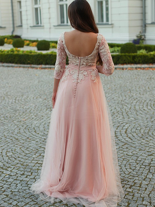 A-Line Tulle Three-Quarter Sleeve Train Tea-Length Dress - Chloe Dress