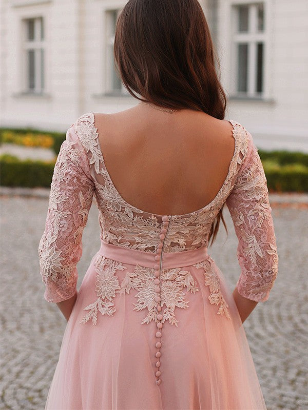 A-Line Tulle Three-Quarter Sleeve Train Tea-Length Dress - Chloe Dress