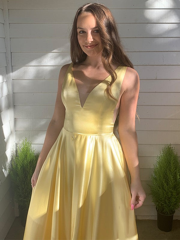 A-Line V-Neck Satin Sleeveless Ruffled Dress - Chloe Dress