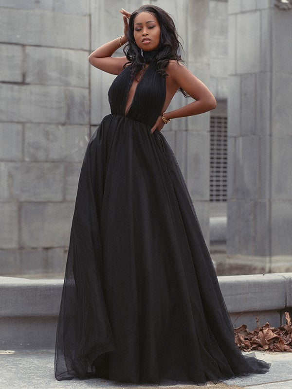 Ball Gown V-Neck Tulle Sleeveless Ruffled Gown - Chloe Dress