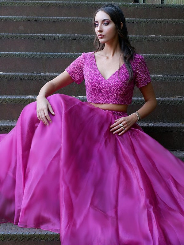 A-Line V-Neck Tulle Short Sleeve Floor-Length Dress - Chloe Dress