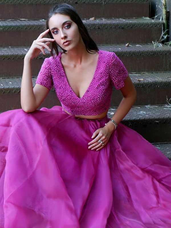 A-Line V-Neck Tulle Short Sleeve Floor-Length Dress - Chloe Dress