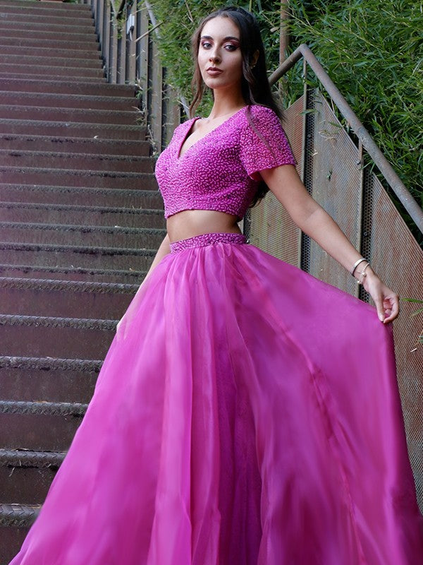 A-Line V-Neck Tulle Short Sleeve Floor-Length Dress - Chloe Dress