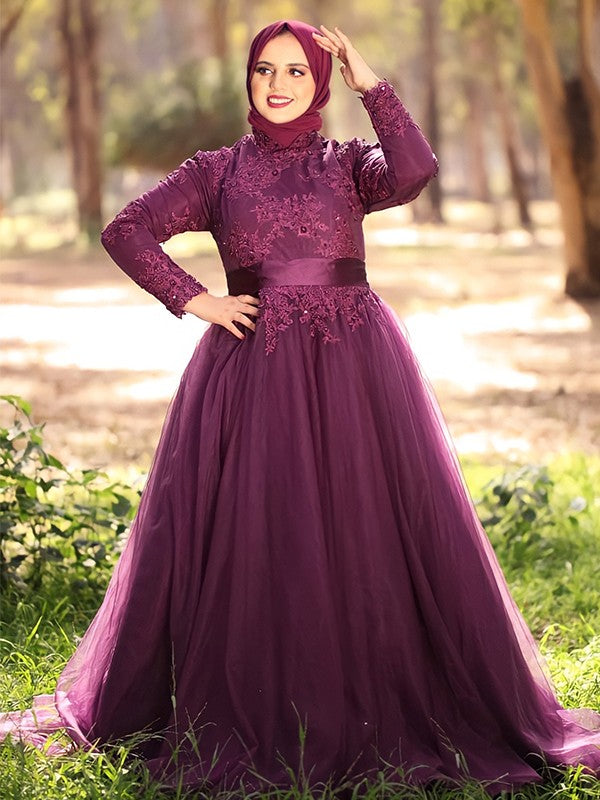 Ball Gown High Neck Tulle Long Sleeve Train Gown - Chloe Dress