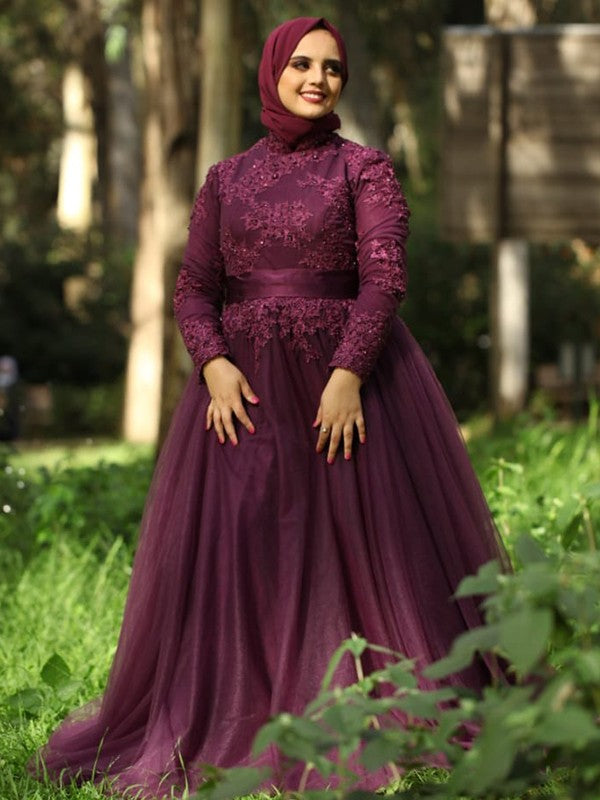 Ball Gown High Neck Tulle Long Sleeve Train Gown - Chloe Dress