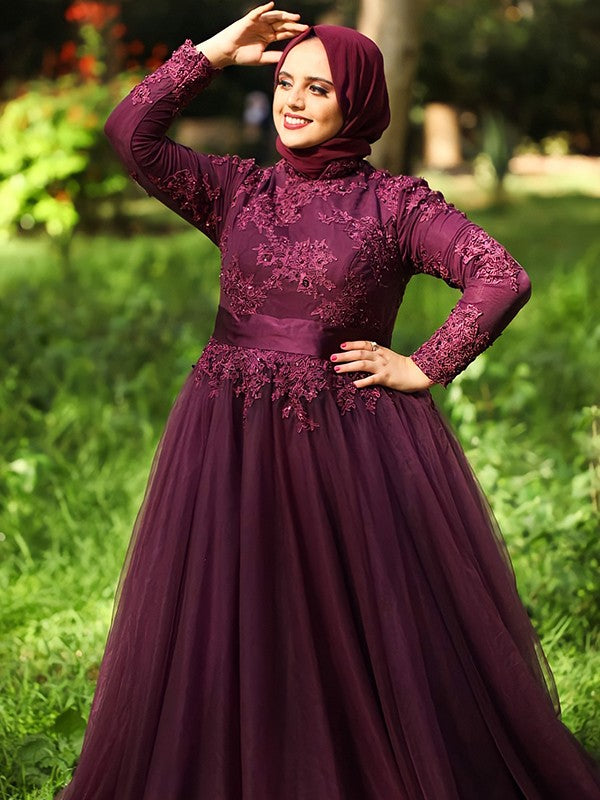 Ball Gown High Neck Tulle Long Sleeve Train Gown - Chloe Dress