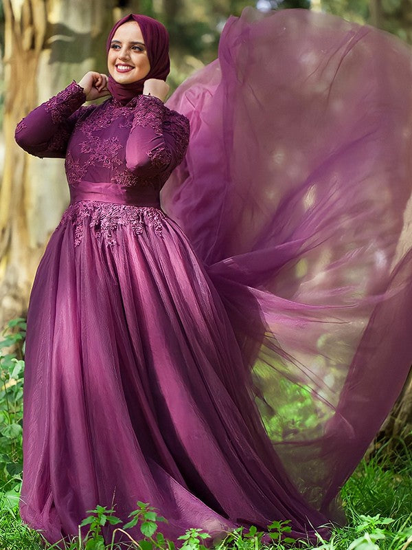 Ball Gown High Neck Tulle Long Sleeve Train Gown - Chloe Dress