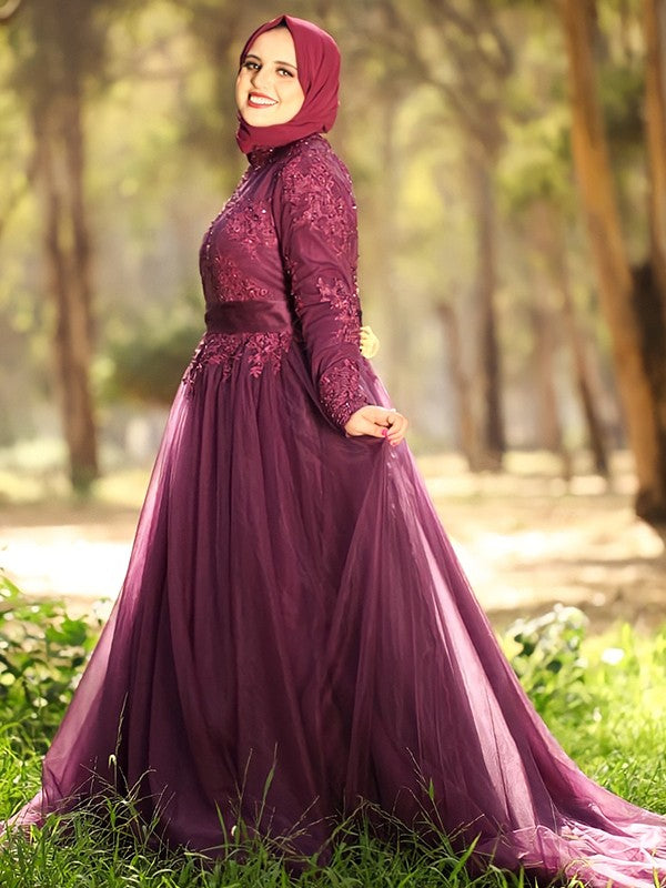 Ball Gown High Neck Tulle Long Sleeve Train Gown - Chloe Dress