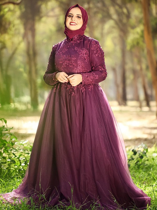 Ball Gown High Neck Tulle Long Sleeve Train Gown - Chloe Dress