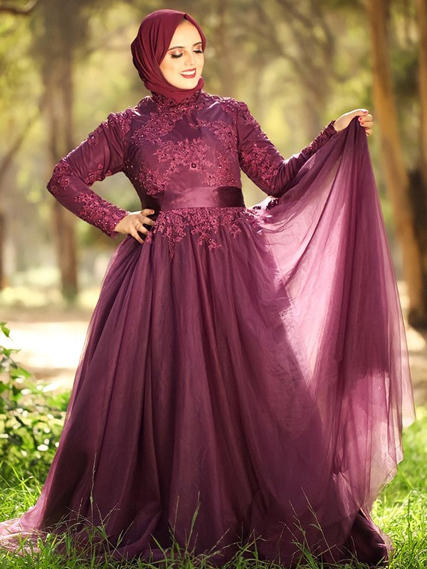 Ball Gown High Neck Tulle Long Sleeve Train Gown - Chloe Dress