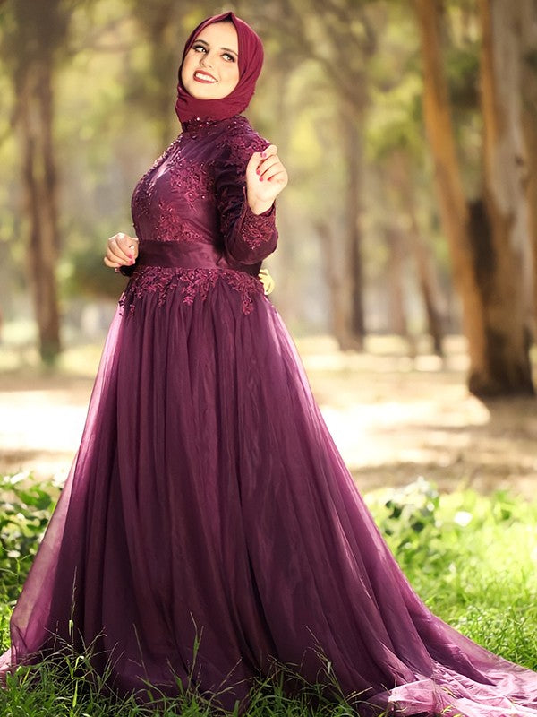 Ball Gown High Neck Tulle Long Sleeve Train Gown - Chloe Dress