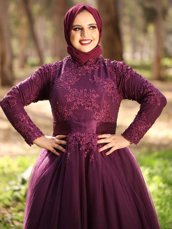 Ball Gown High Neck Tulle Long Sleeve Train Gown - Chloe Dress