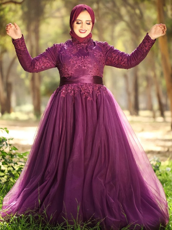 Ball Gown High Neck Tulle Long Sleeve Train Gown - Chloe Dress