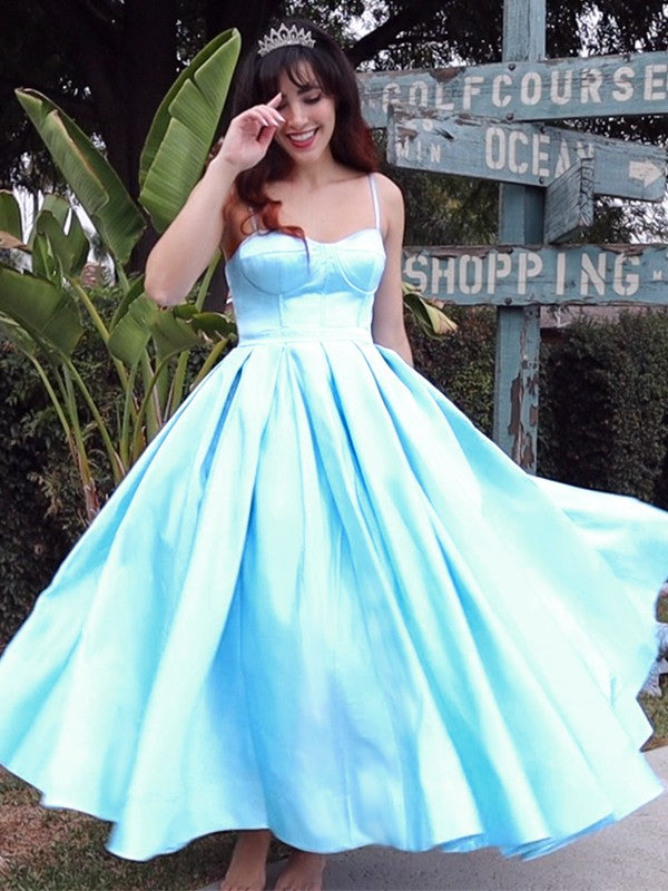 Ball Gown Spaghetti Strap Satin Sleeveless Ruffled Tea-Length Homecoming Gown - Chloe Dress