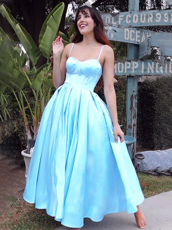 Ball Gown Spaghetti Strap Satin Sleeveless Ruffled Tea-Length Homecoming Gown - Chloe Dress