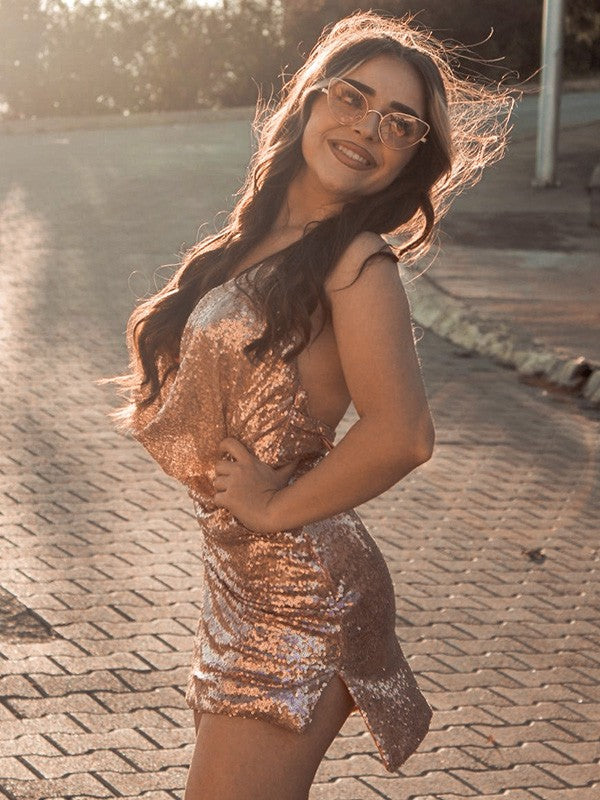 Sheath Halter Sequin Sleeveless Mini Homecoming Dress - Chloe Dress