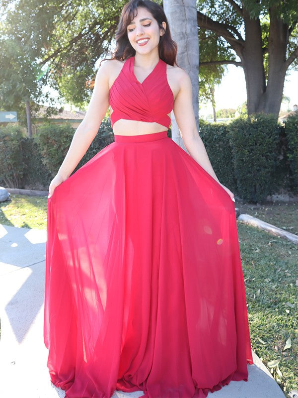 A-Line Halter Chiffon Sleeveless Floor-Length Dress - Chloe Dress