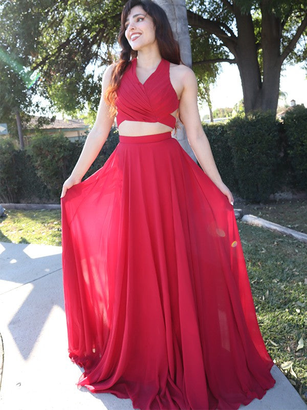 A-Line Halter Chiffon Sleeveless Floor-Length Dress - Chloe Dress