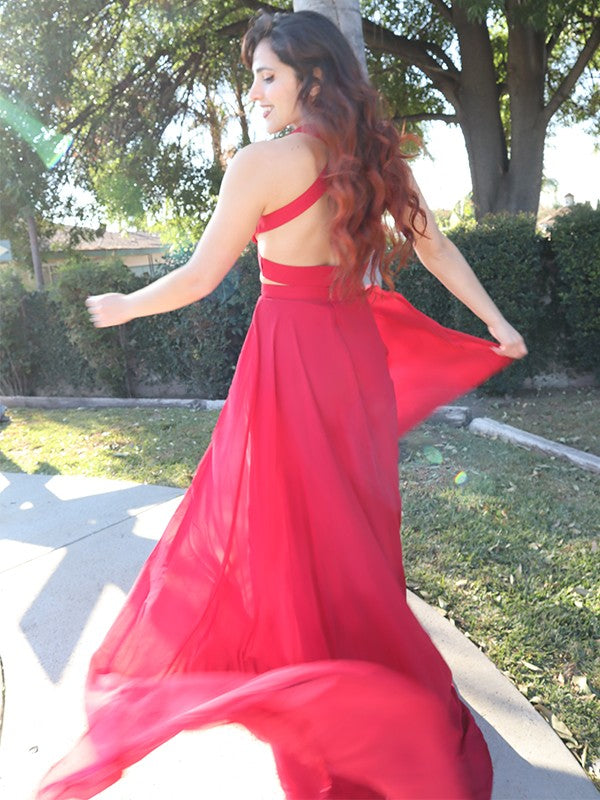 A-Line Halter Chiffon Sleeveless Floor-Length Dress - Chloe Dress