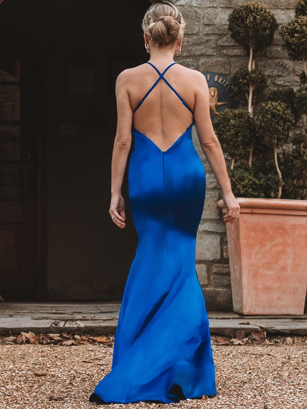 Sheath V-Neck Satin Sleeveless Train Dress - Chloe Dress