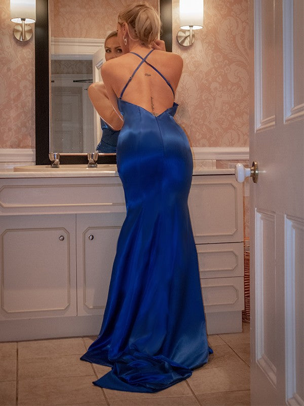 Sheath V-Neck Satin Sleeveless Train Dress - Chloe Dress