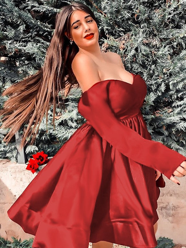 A-Line V-Neck Satin Long Sleeve Ruffled Mini Homecoming Dress - Chloe Dress