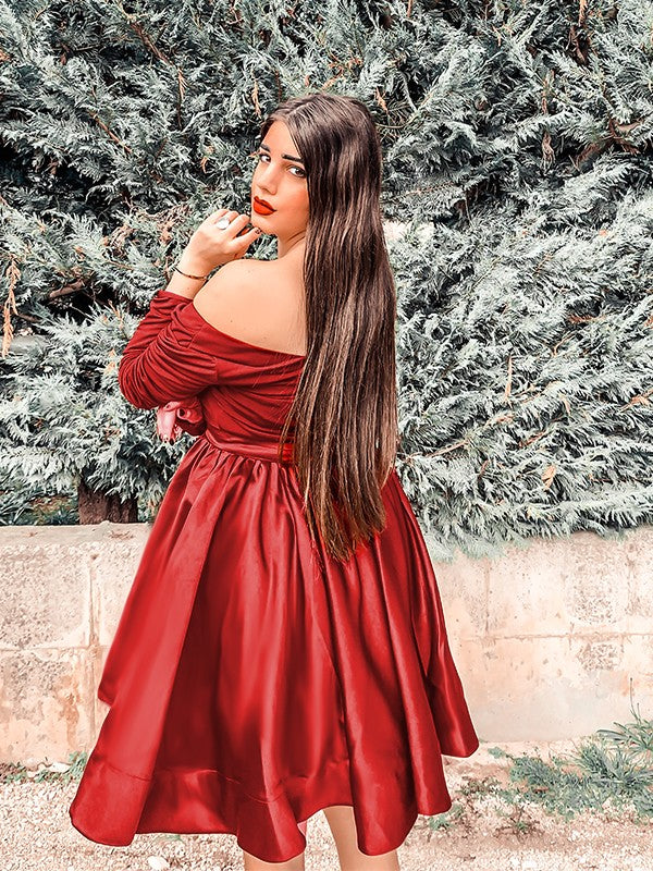 A-Line V-Neck Satin Long Sleeve Ruffled Mini Homecoming Dress - Chloe Dress
