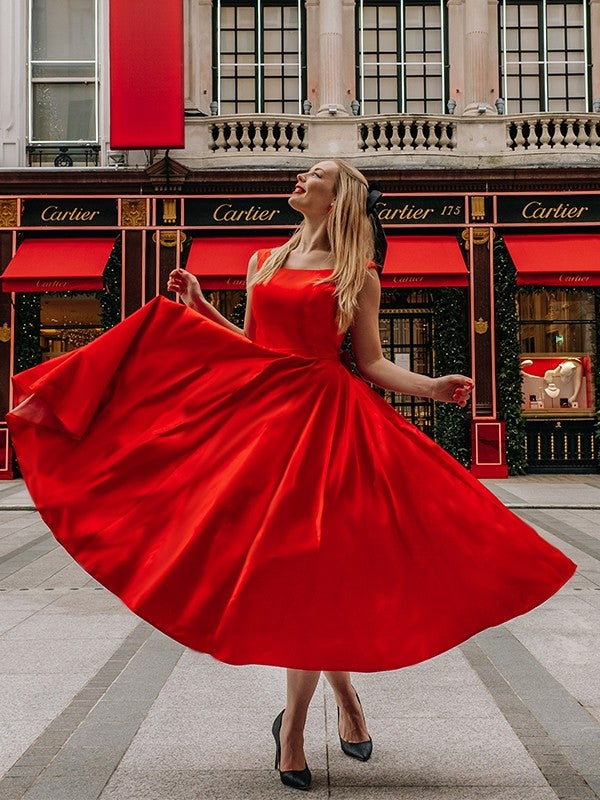 A-Line Square Neck Satin Sleeveless Tea-Length Homecoming Dress - Chloe Dress