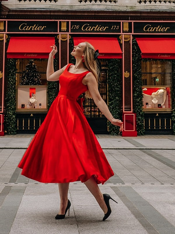 A-Line Square Neck Satin Sleeveless Tea-Length Homecoming Dress - Chloe Dress
