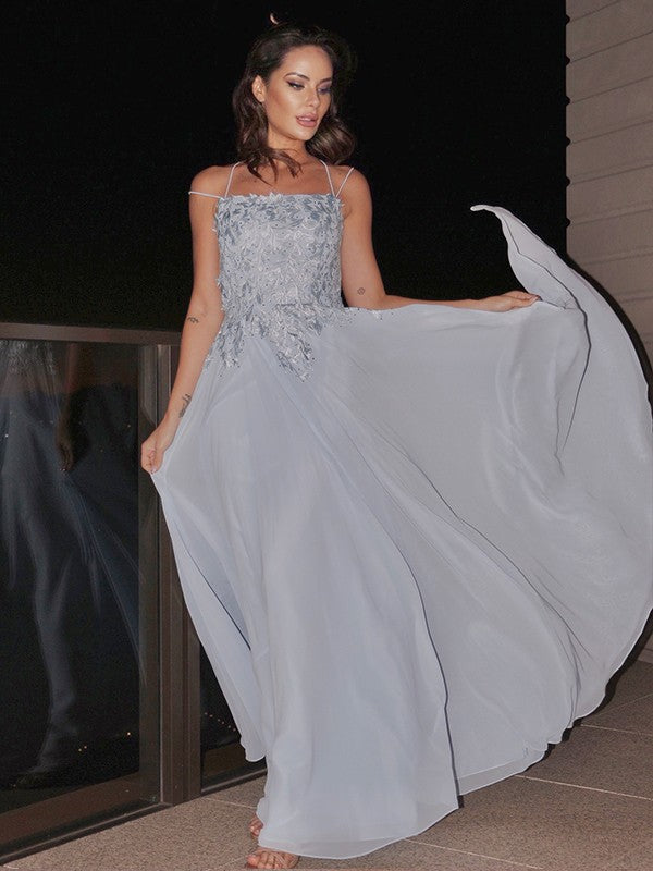 A-Line Square Neck Chiffon Sleeveless Applique Floor-Length Dress - Chloe Dress