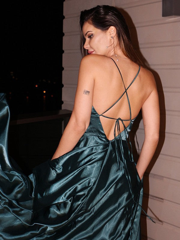 A-Line V-Neck Satin Sleeveless Ruffled Floor-Length Dress - Chloe Dress