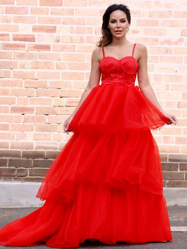 A-Line Spaghetti Strap Tulle Sleeveless Train Dress - Chloe Dress